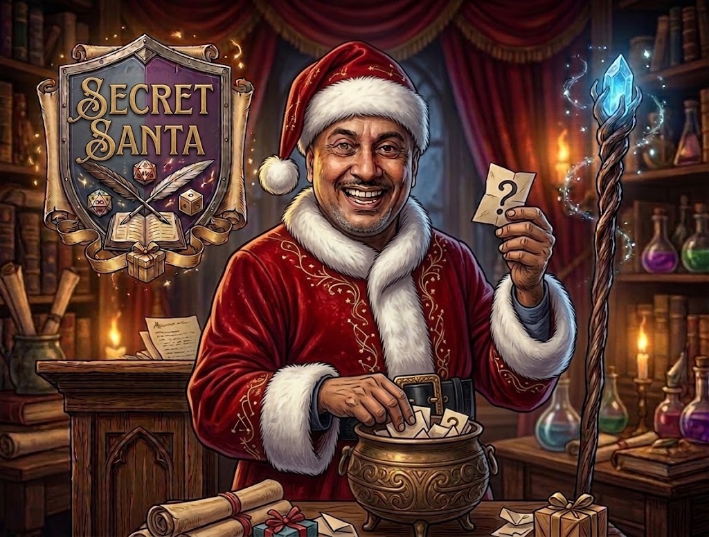 A cheerful Santa drawing folded name slips from a golden cauldron in a candlelit study.